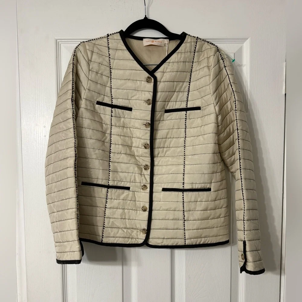 Tory Burch Quilted Jacket & Skirt Set NWT size 2 Light Pale Stone